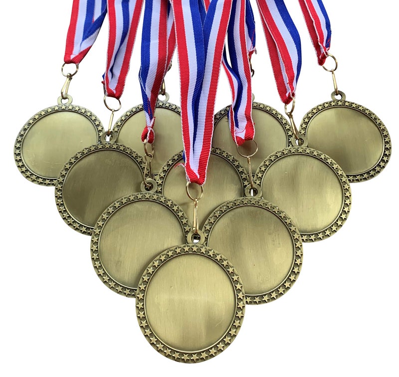 Express Medals 10 Pack of 2-1/2 inch Diameter Die-Cast Metal Antique Gold DIY Blank Insert Star Medals and Attached Red White and Blue Neck Ribbons. - Image 1